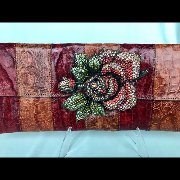 Real exotic leather clutch with crystal brooch - Picture 3 of 4